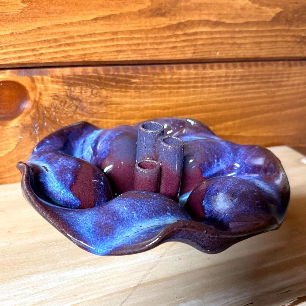 Ikebana Flower Frog Bowl | Blue Purple Glazed Pottery Vase